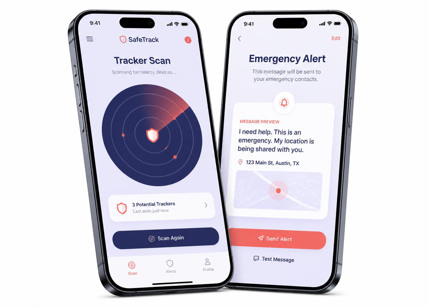 Ember Locate companion app showing a tracker scan and an emergency alert preview